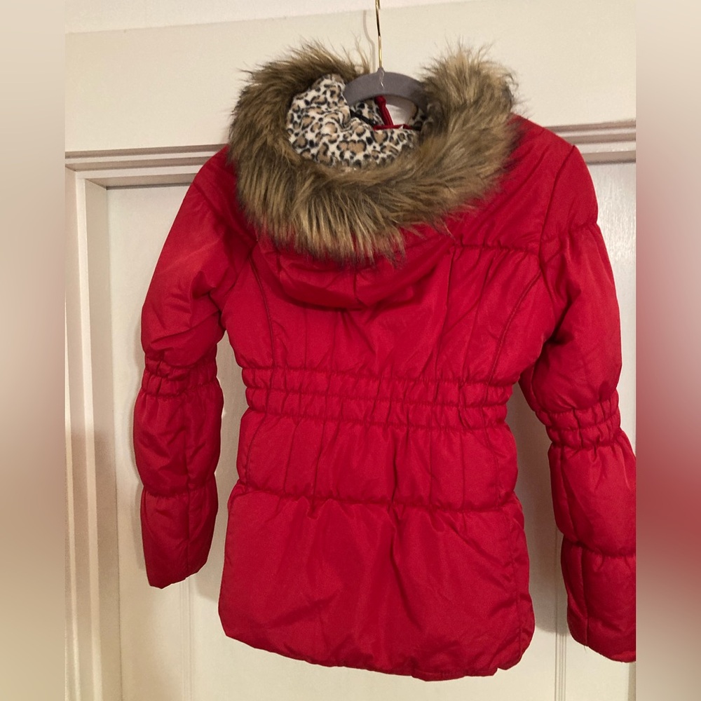 Red Kids Puffer Jacket with Faux Fur Hood and Cheetah Print